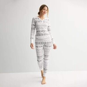 Sonoma Pajama Top Women Medium White Grey Fair Isle Reindeer Waffle Knit Henley